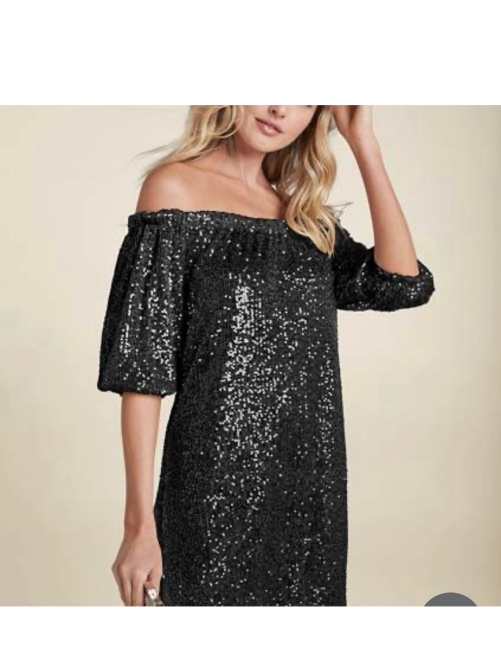 NWT Venus Black Sequin Off-The-Shoulder Puff Sleeve Dress (Size 2X)